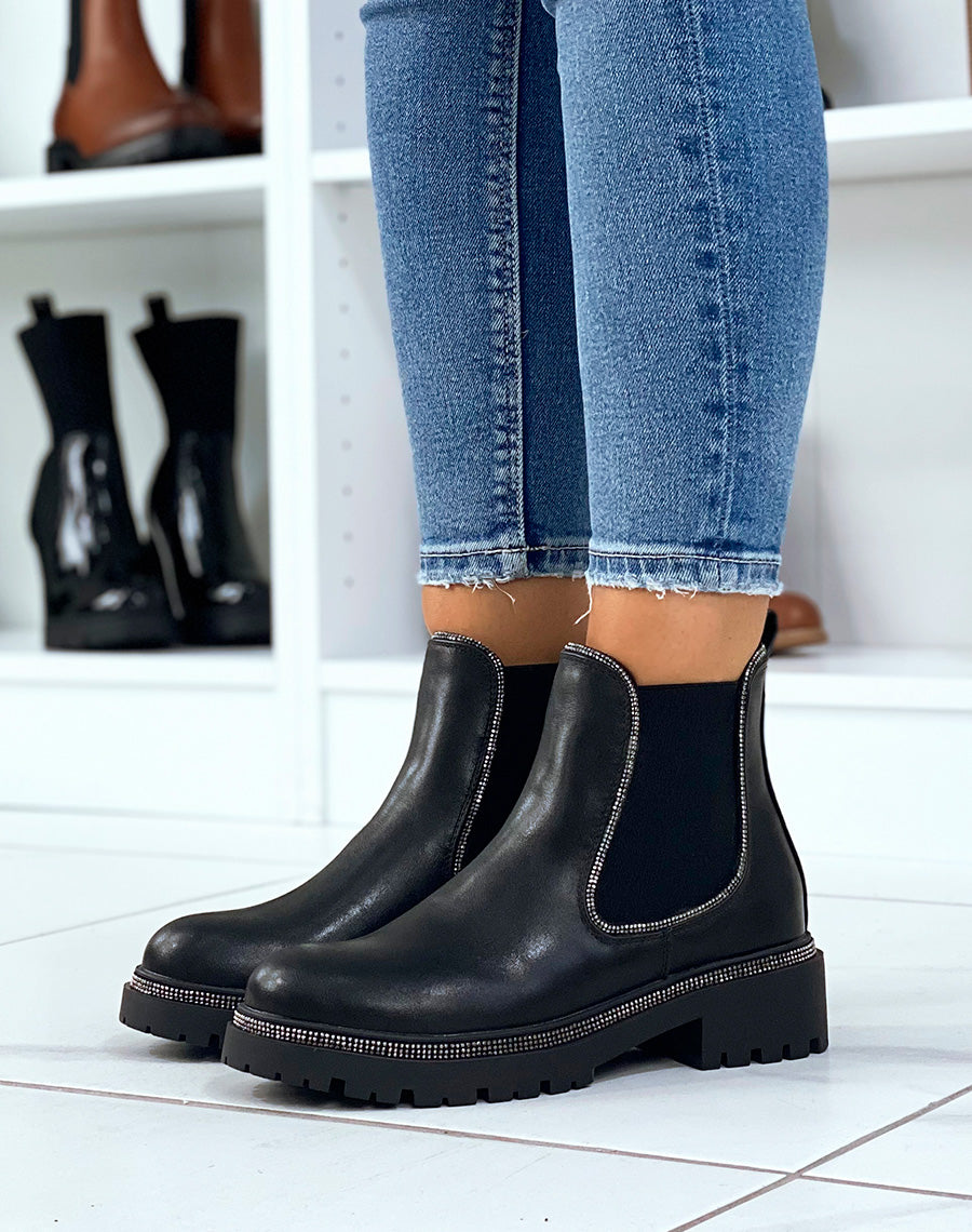 Chelsea boots noires à liserés à strass argentés