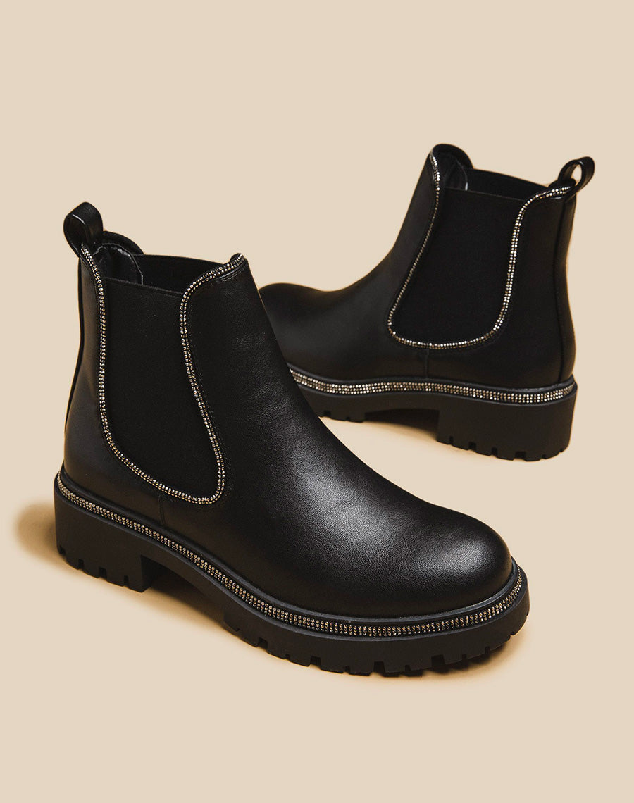 Chelsea boots noires à liserés à strass argentés