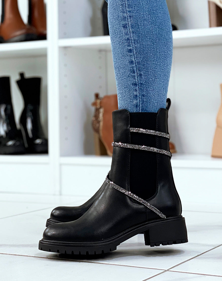 Chelsea boots noires à liseré à strass