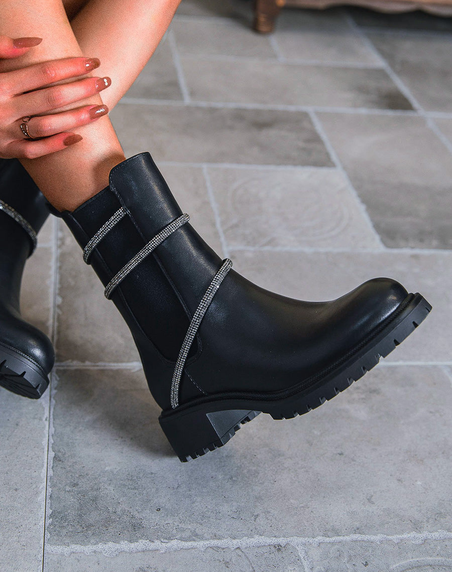 Chelsea boots noires à liseré à strass