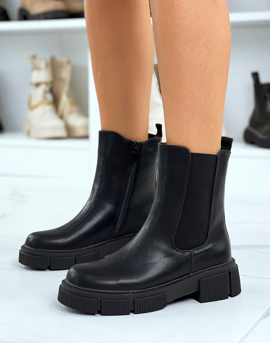 Chelsea boots noires montantes à semelle crantée