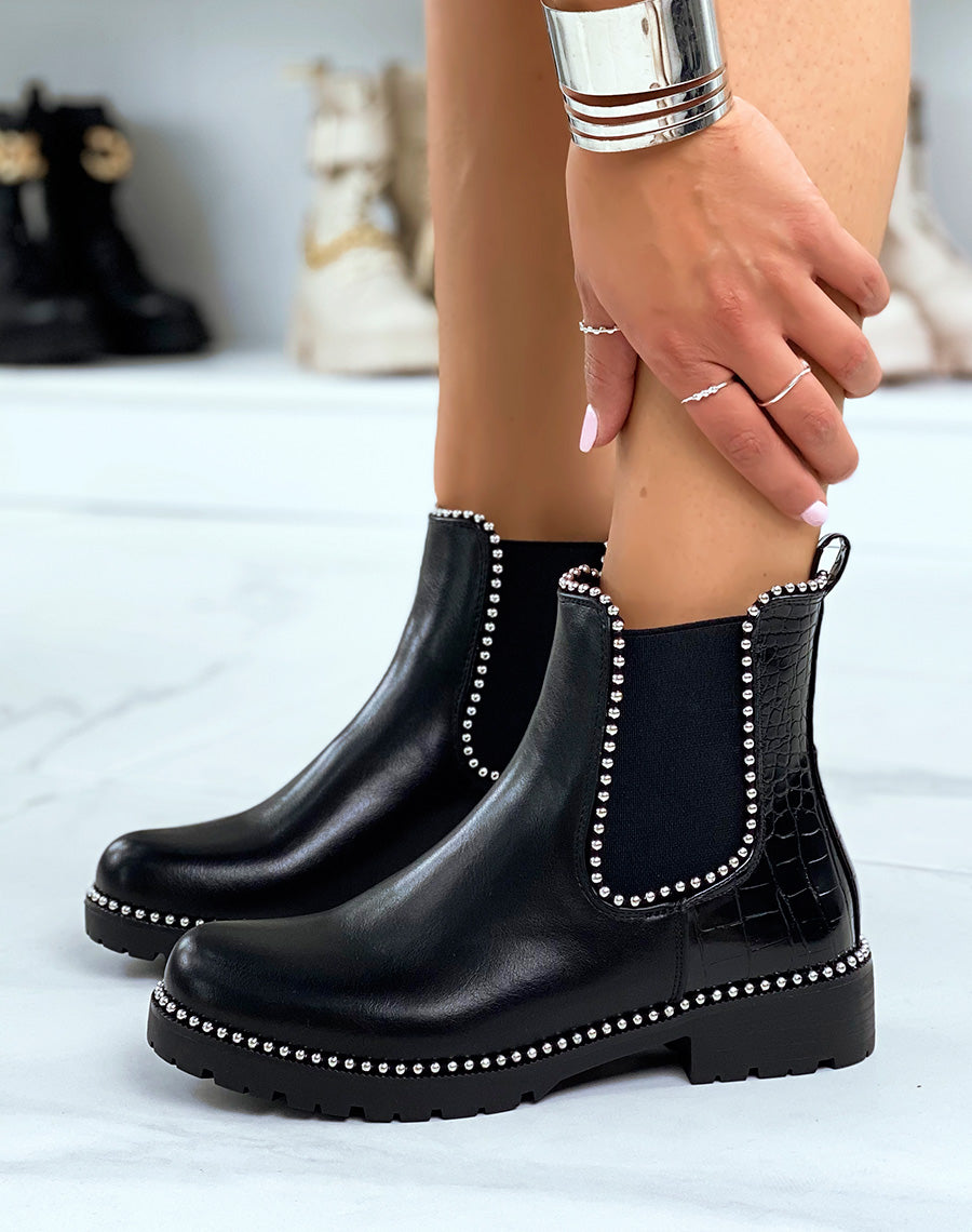 Chelsea boots noires à multiples clous argentés et arrière effet croco