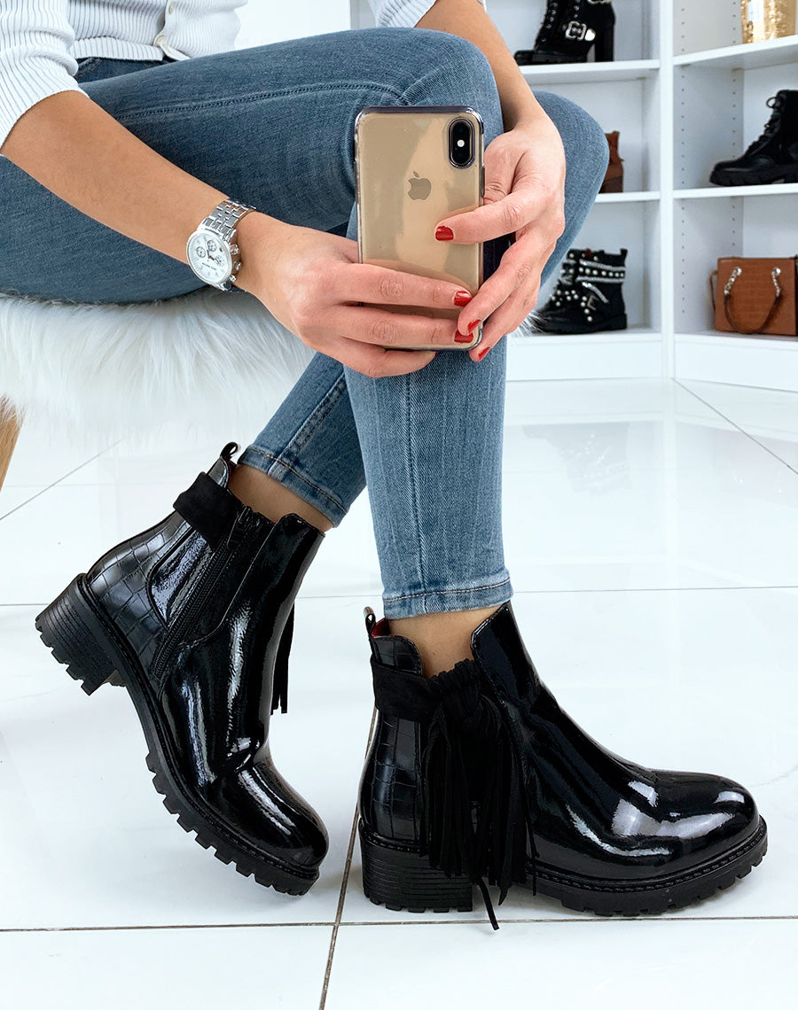 Chelsea boots noires vernies bi-matière à frange