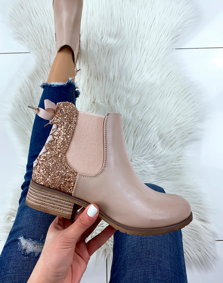 Chelsea boots rose poudré à paillettes avec nœud