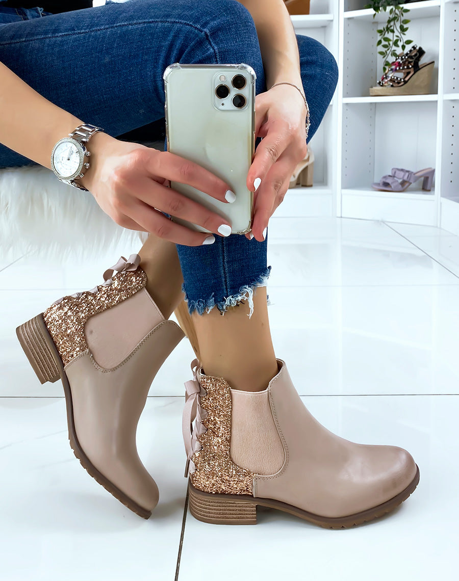 Chelsea boots rose poudré à paillettes avec nœud