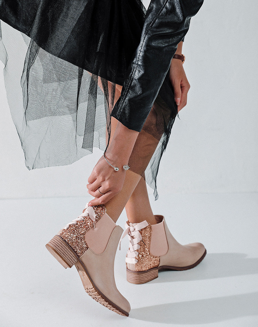Chelsea boots rose poudré à paillettes avec nœud