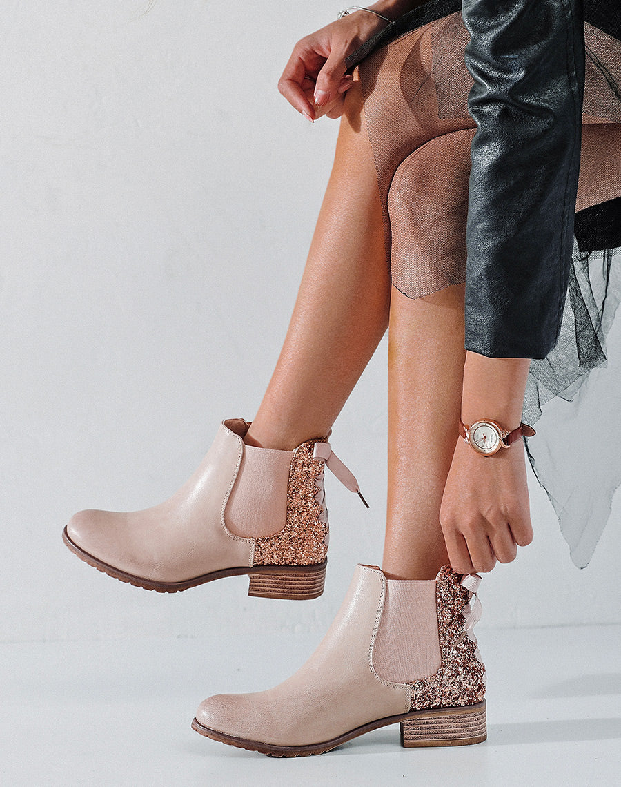 Chelsea boots rose poudré à paillettes avec nœud