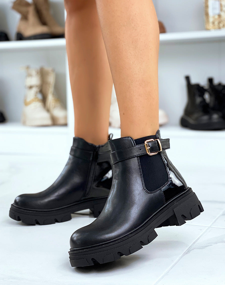 Chelsea noires bi-matière à sangle dorée et semelle talonnée crantée