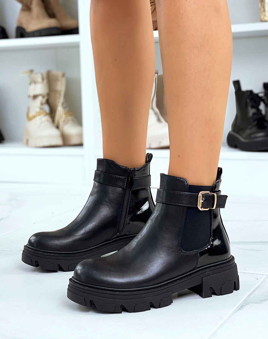 Chelsea noires bi-matière à sangle dorée et semelle talonnée crantée