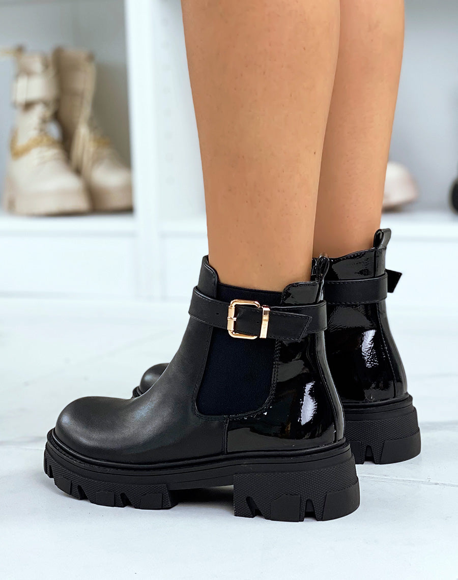 Chelsea noires bi-matière à sangle dorée et semelle talonnée crantée