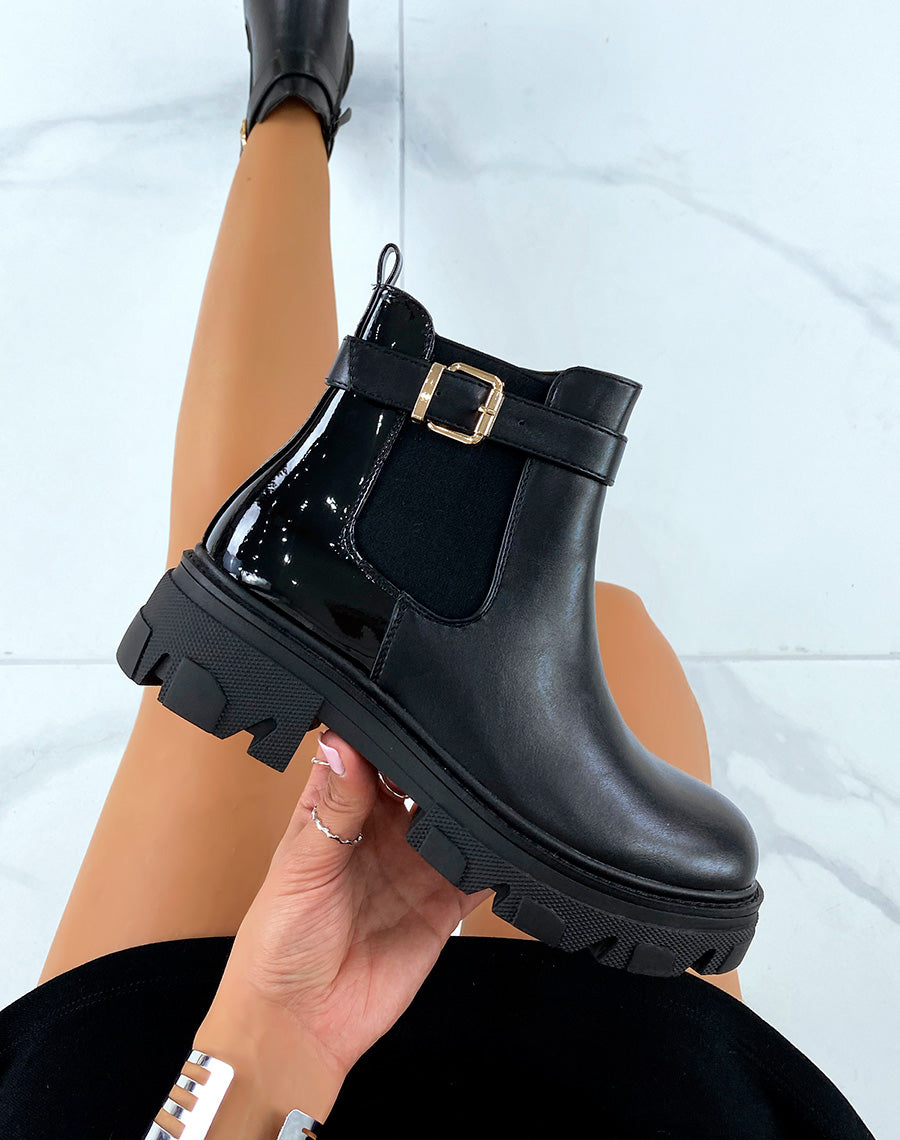 Chelsea noires bi-matière à sangle dorée et semelle talonnée crantée
