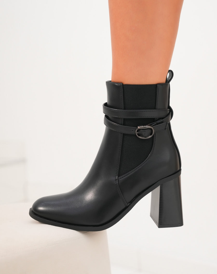 Chic et Polyvalentes : Bottines Noires Bi-Matière avec Talon et Sangles Ajustables