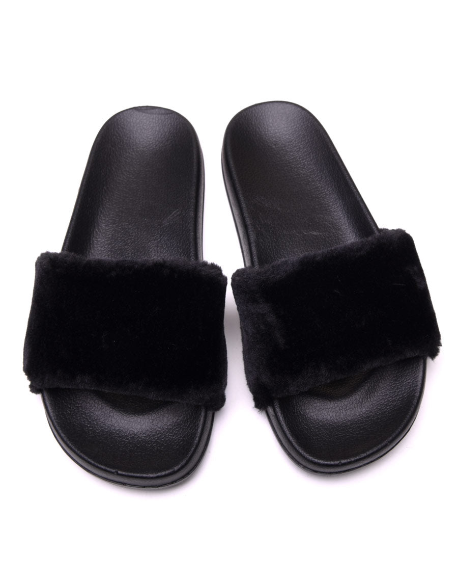 Claquettes noires à fourrure