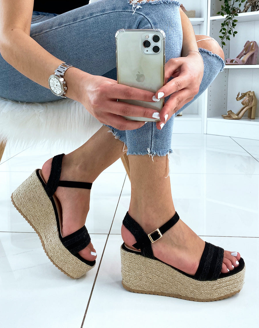 Compensée noire à bride tressée