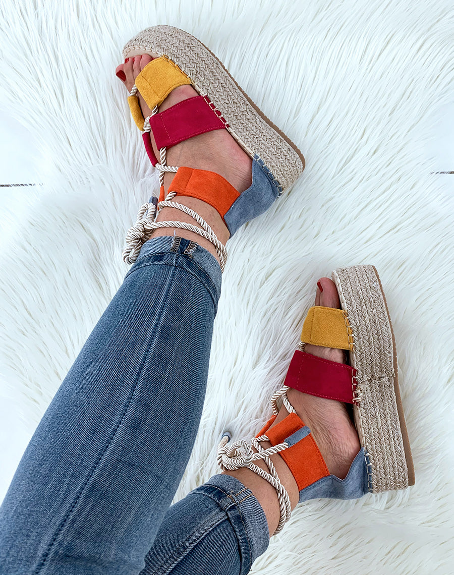 Compensées à bandes multicolore jaunes en suédine