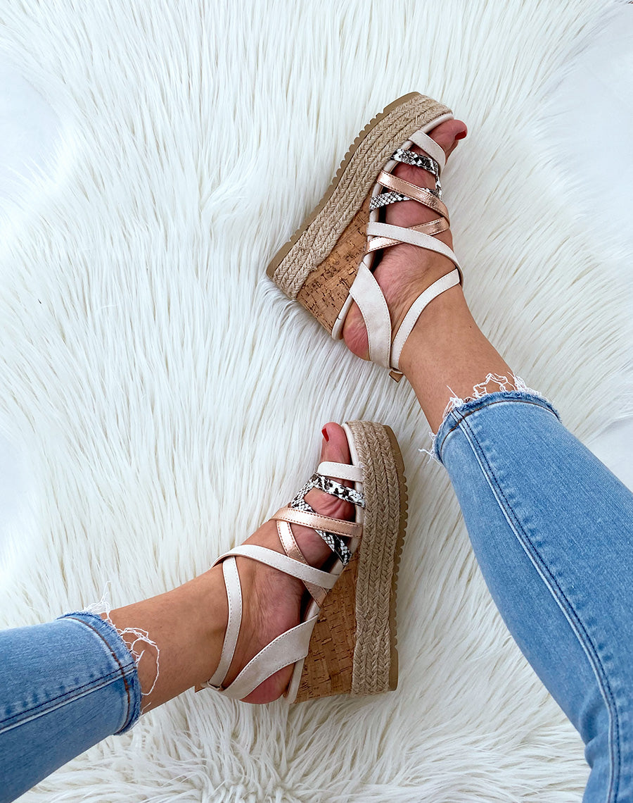 Compensées bi-matières beiges effet python et cuivre