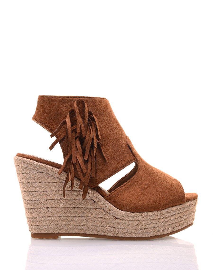 Compensées camel en suédine à franges