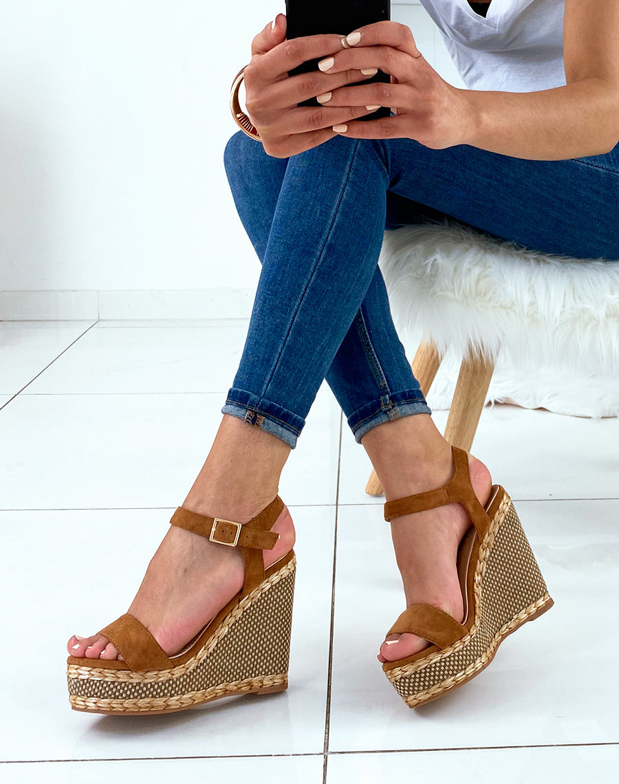 Compensées camel tressages bicolores