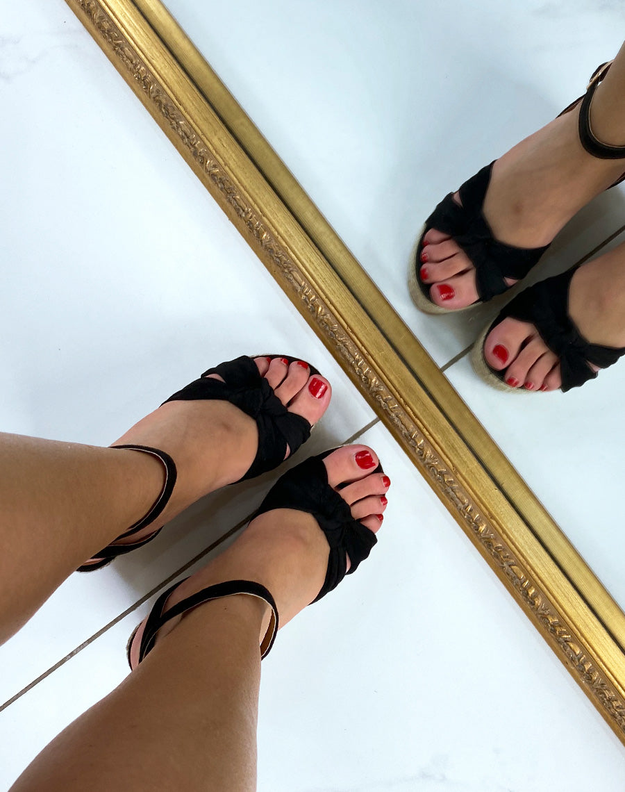 Compensées en jute en suédine noire