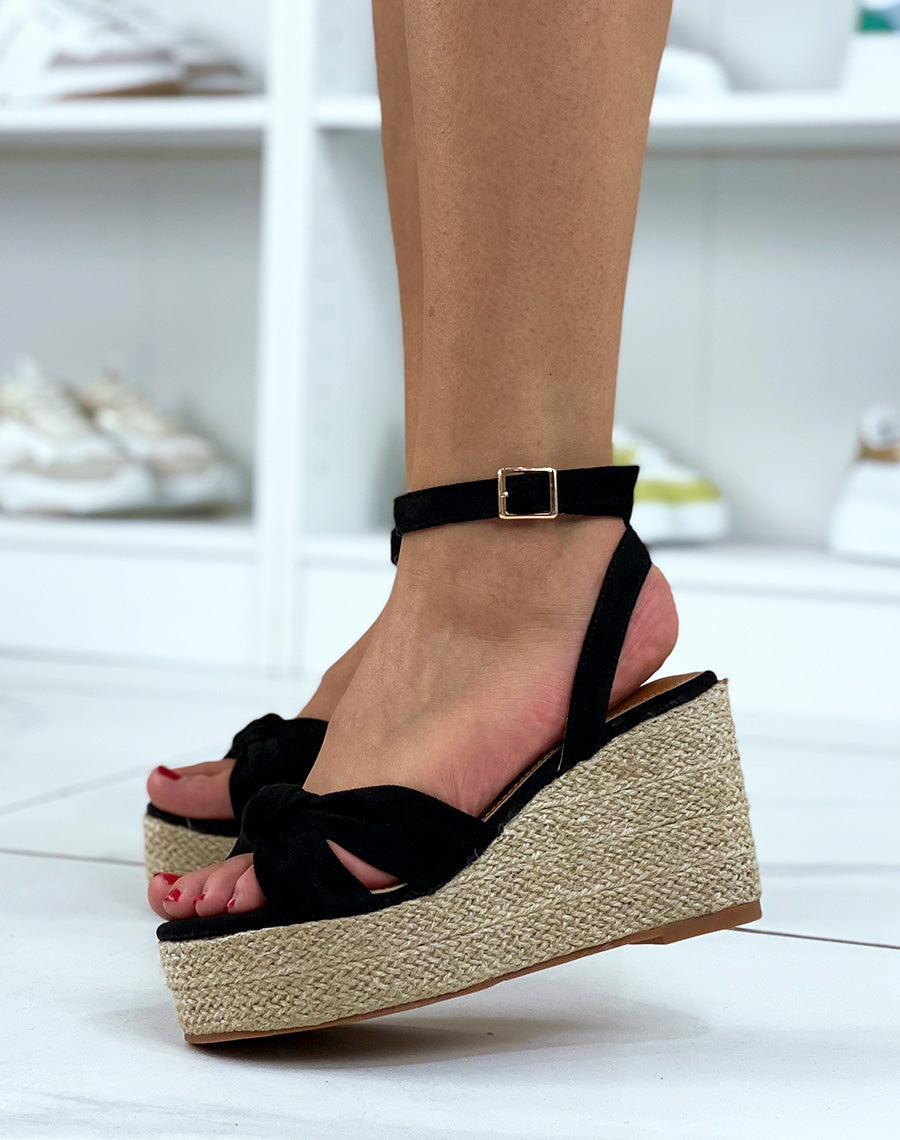 Compensées en jute en suédine noire