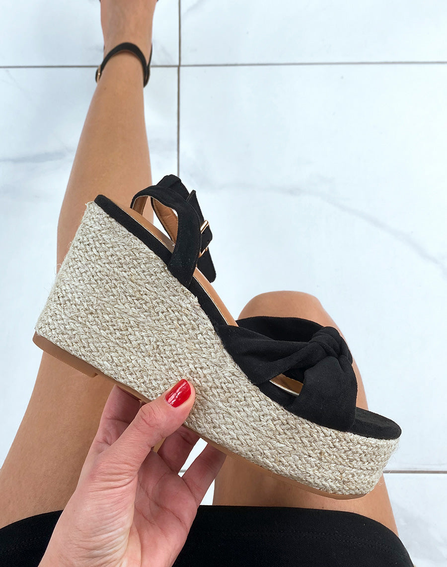 Compensées en jute en suédine noire