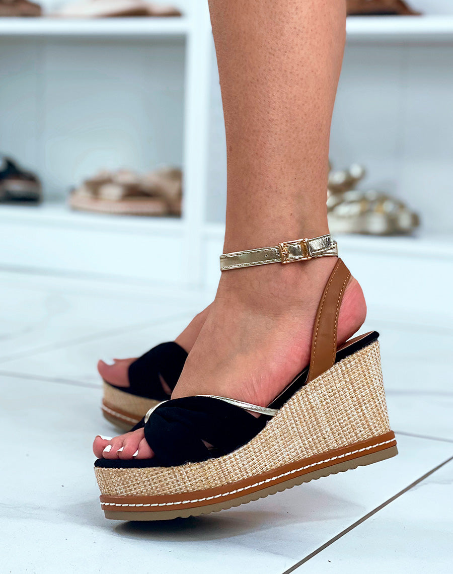 Compensées en suédine noire et jute tressé