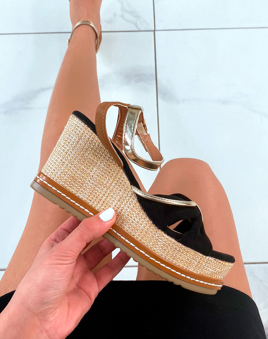 Compensées en suédine noire et jute tressé