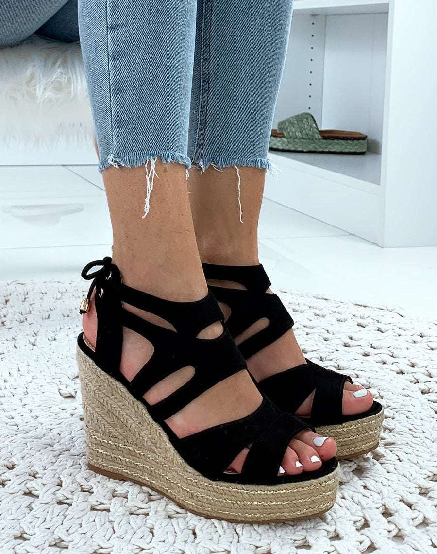 Compensées en suédine noirs à multiples brides