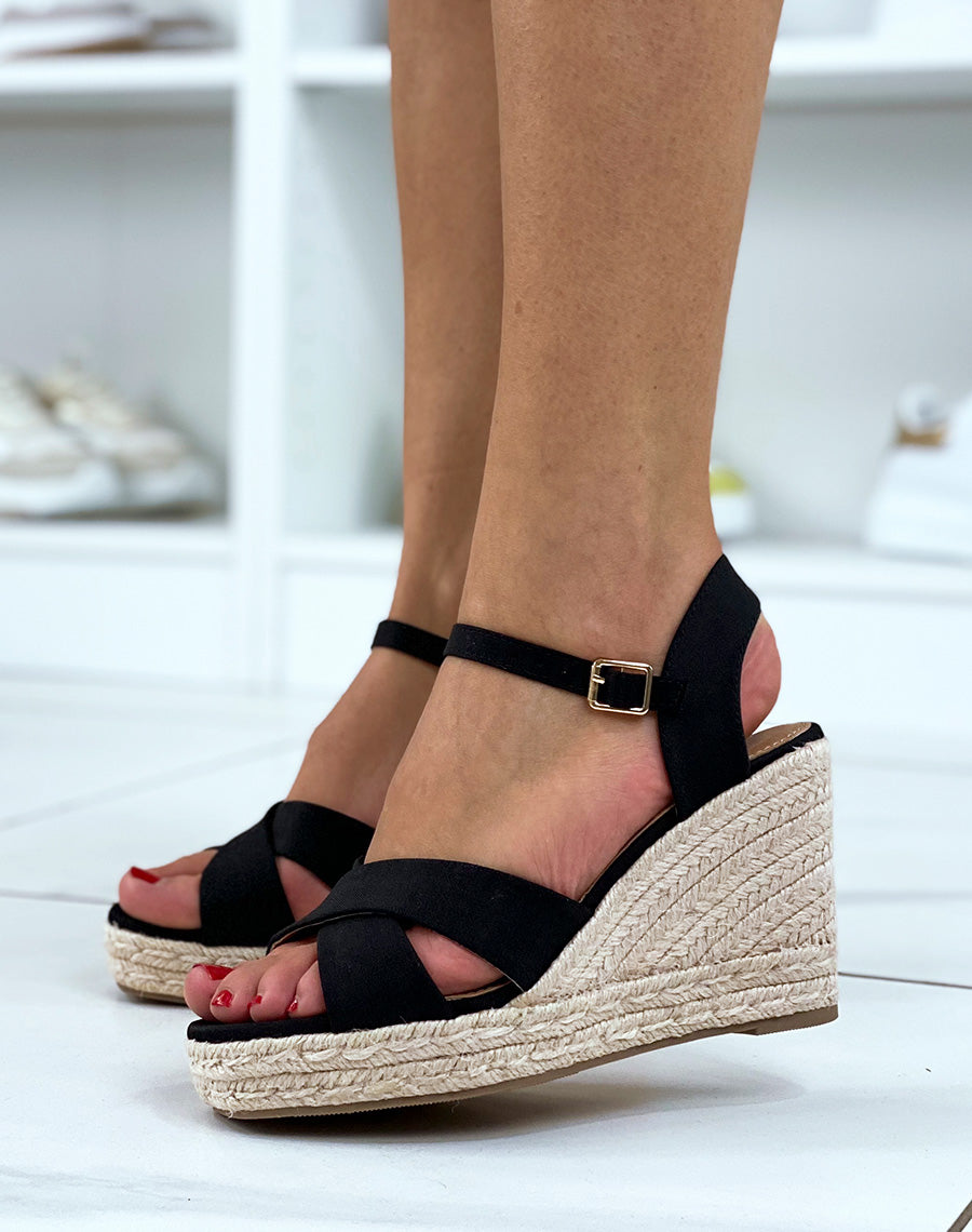 Compensées en tissu noir à brides entrecroisées