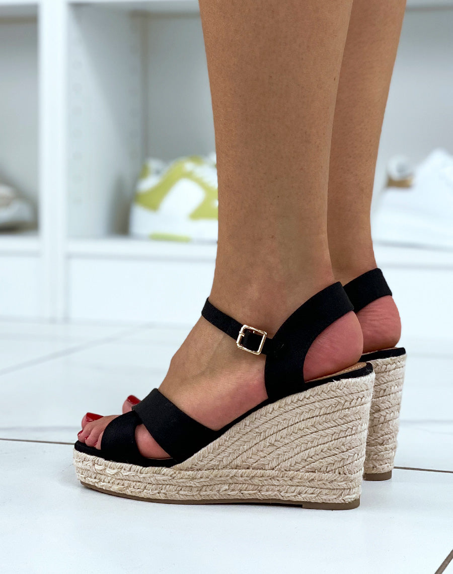 Compensées en tissu noir à brides entrecroisées