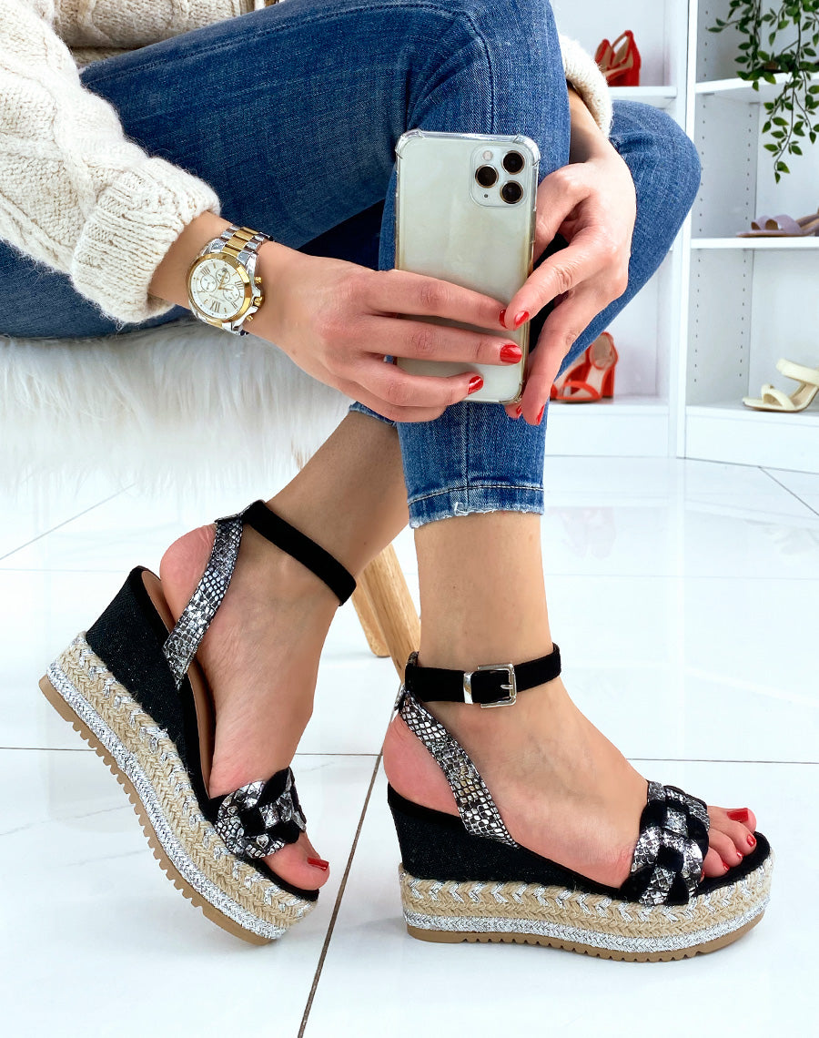 Compensées noires à détails argentés