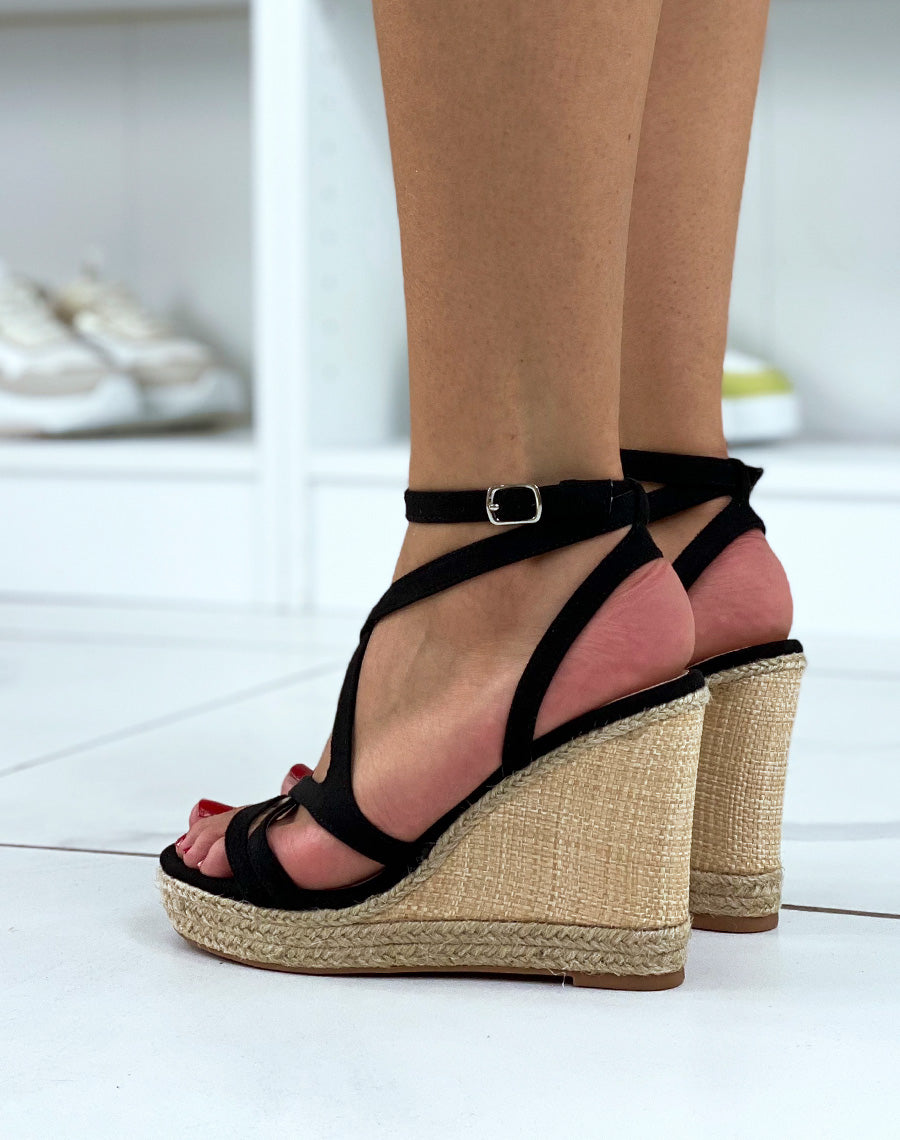 Compensées noires en suédine à brides entrecroisées