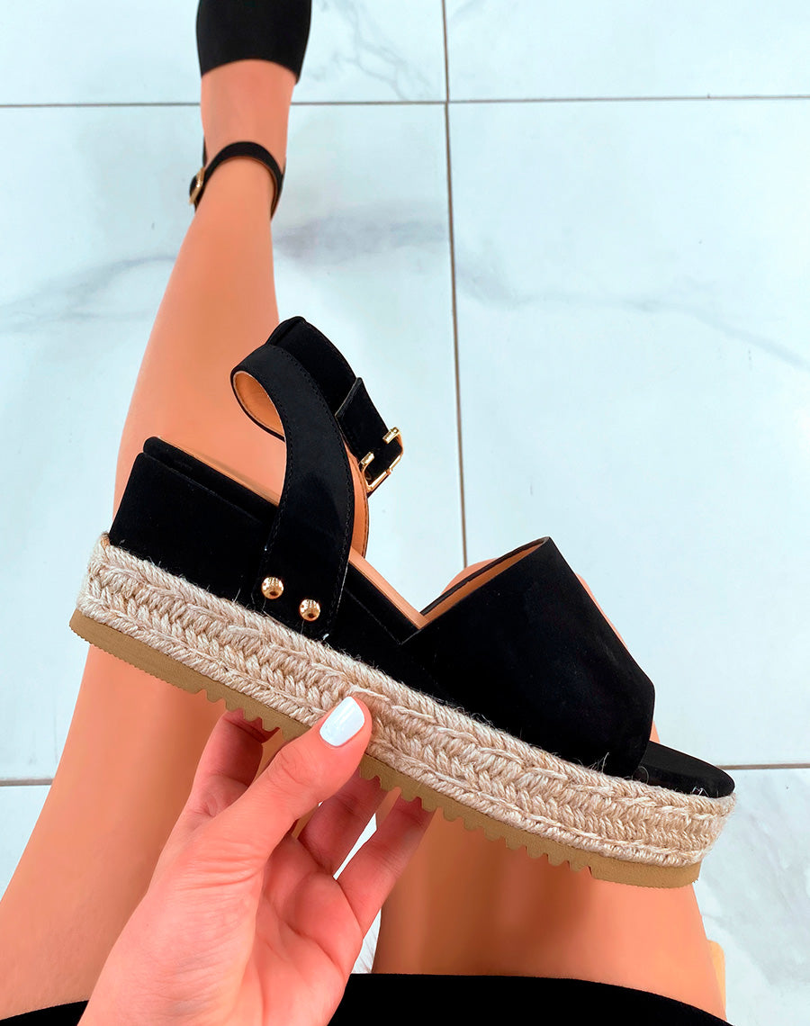Compensées noires en suédine et jute
