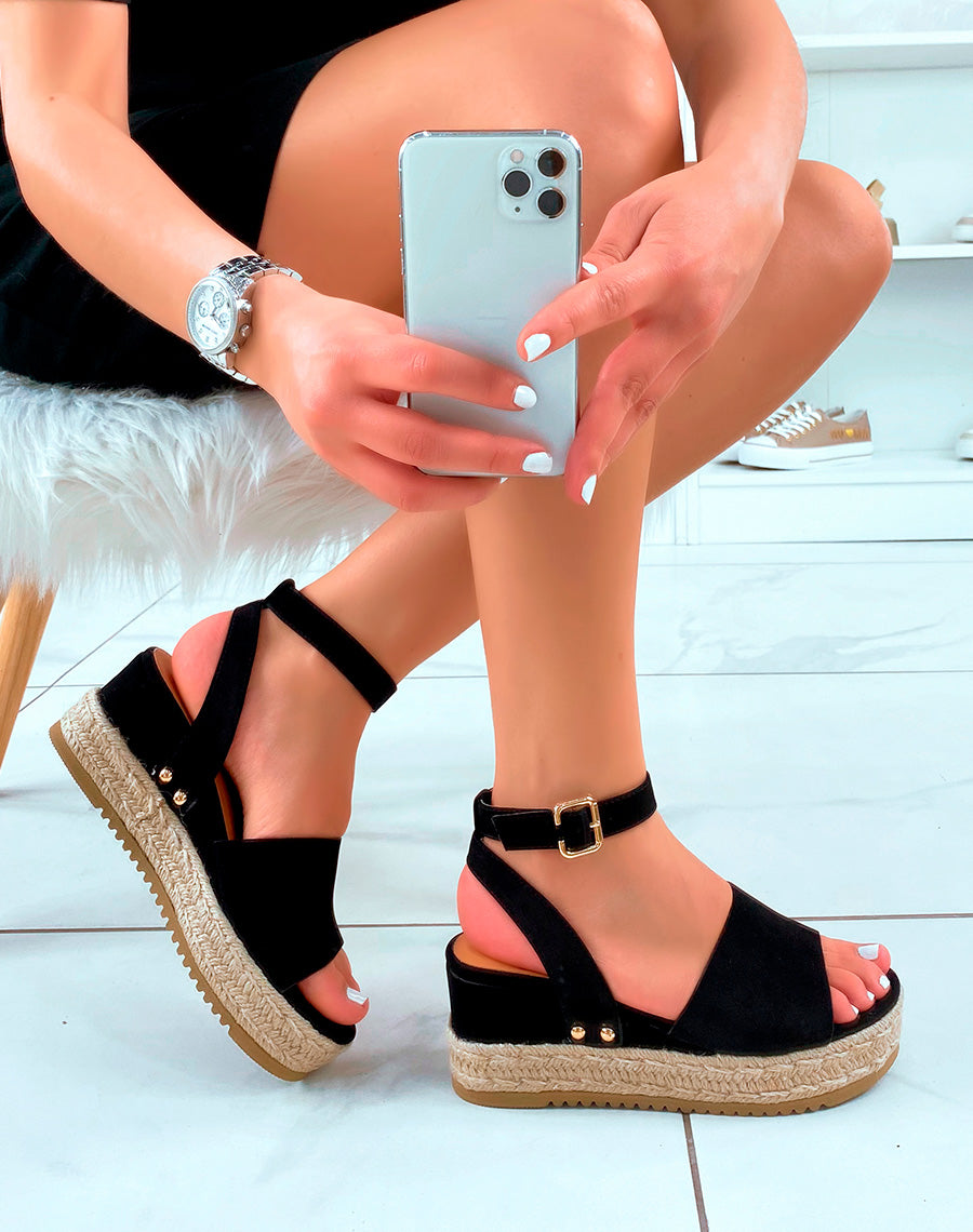 Compensées noires en suédine et jute