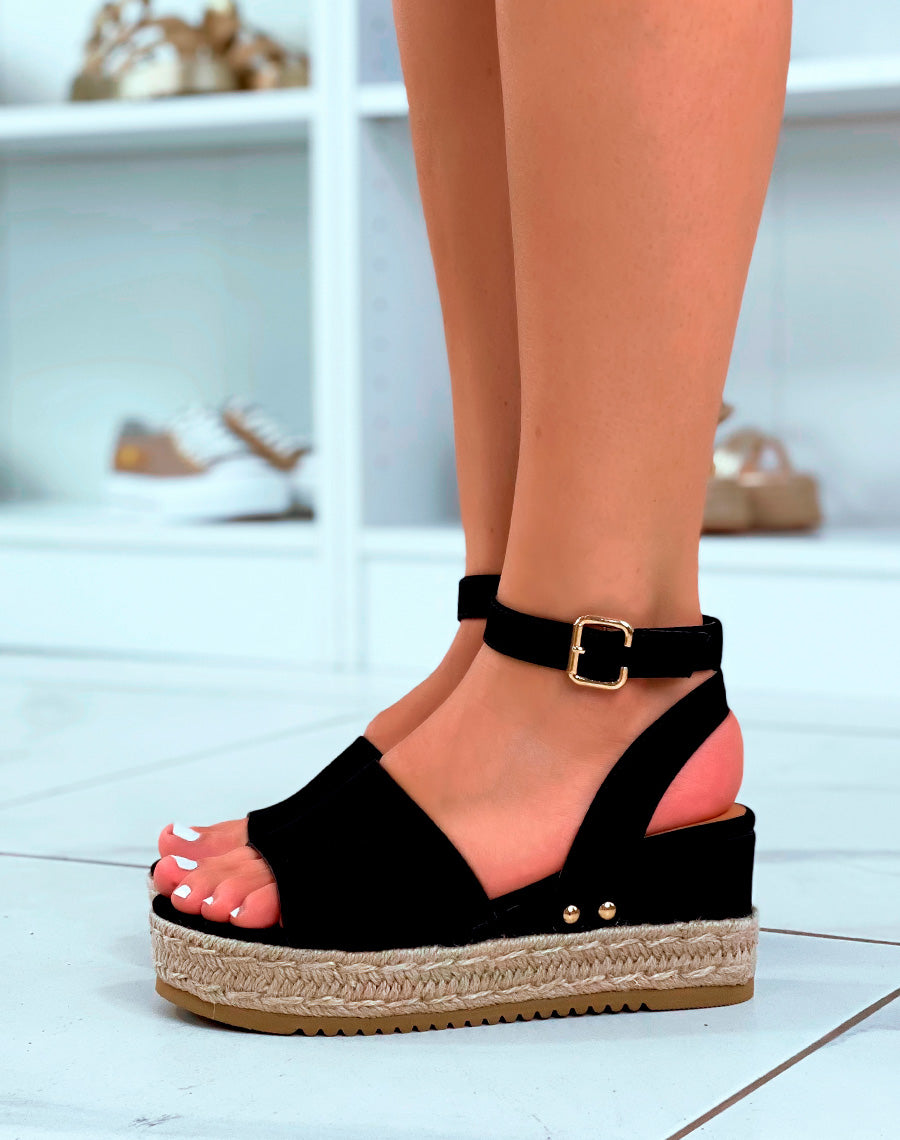 Compensées noires en suédine et jute