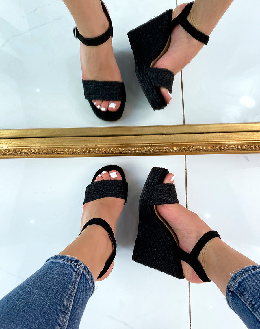 Compensées noires en toile de jute