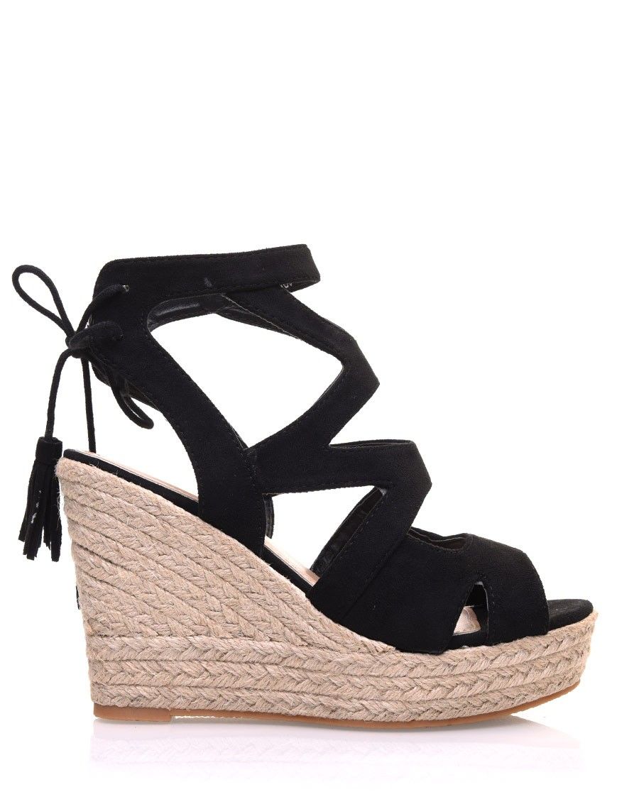 Compensées noires à talon tressé