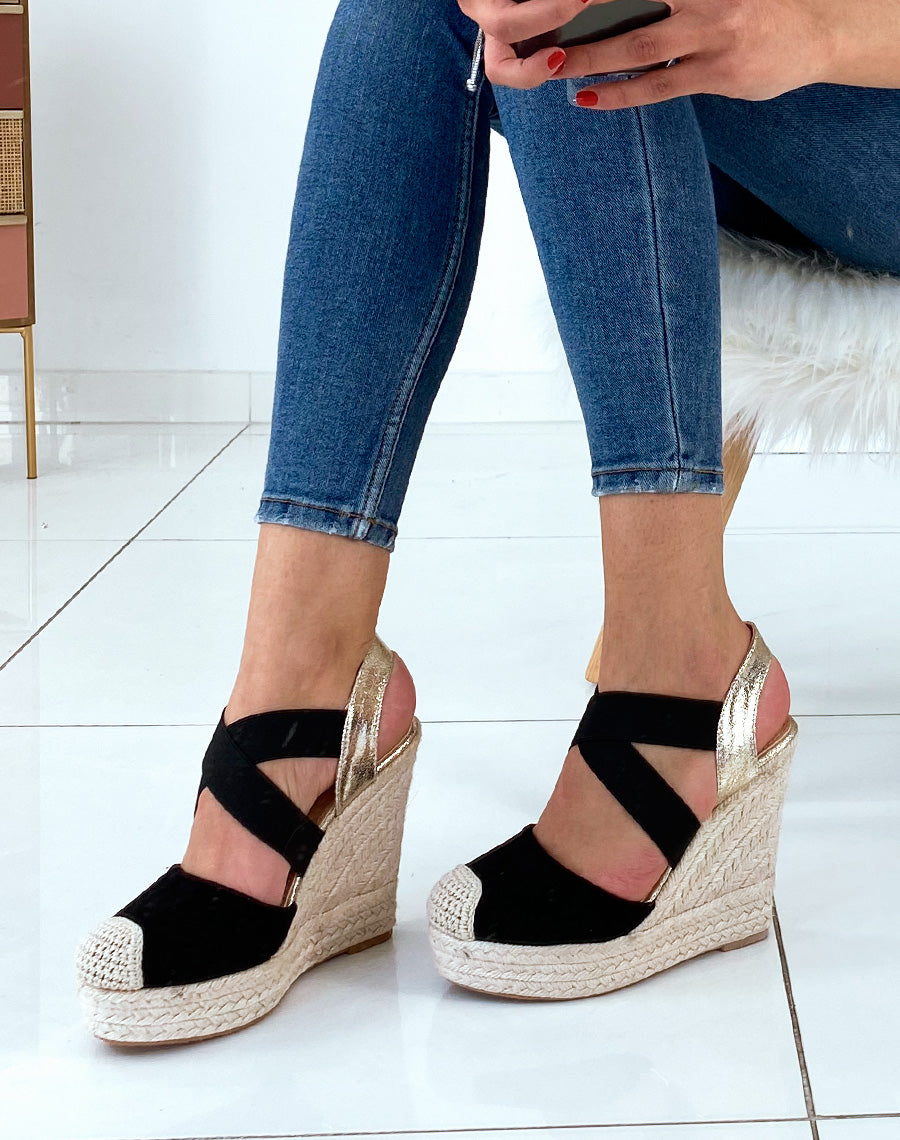 Compensés en suédine noirs à brides entrecroisées