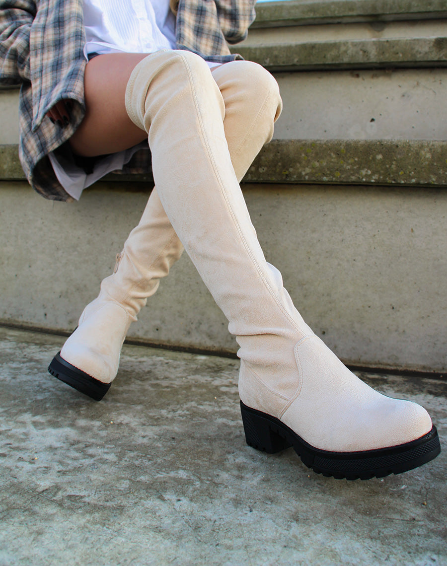 Cuissardes beige à talon cranté noir