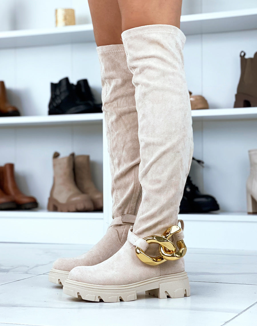 Cuissardes beiges en suédine à chaîne dorée