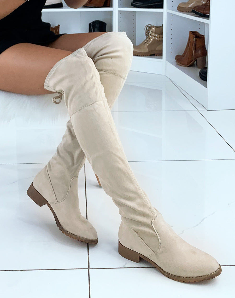 Cuissardes beiges en suédine à lacet