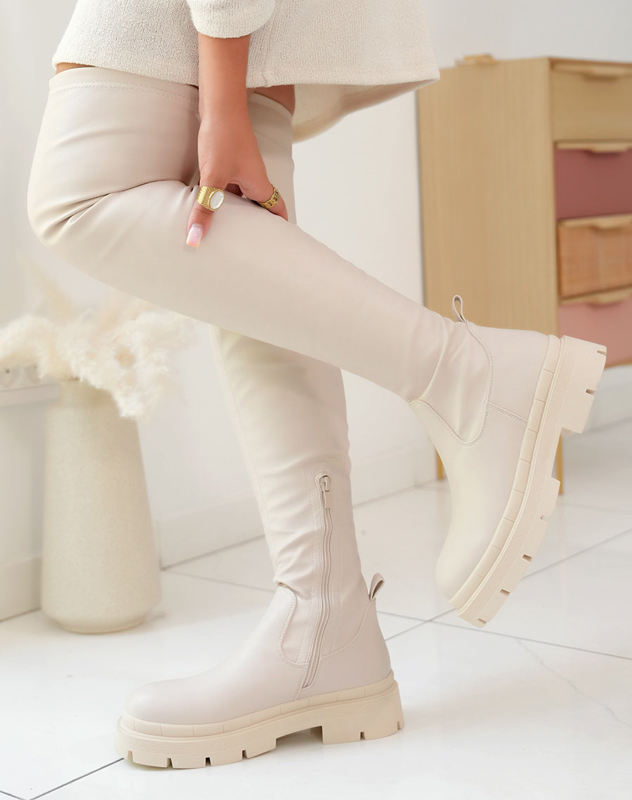 Cuissardes beiges inspiration chelsea à semelle plate et épaisse