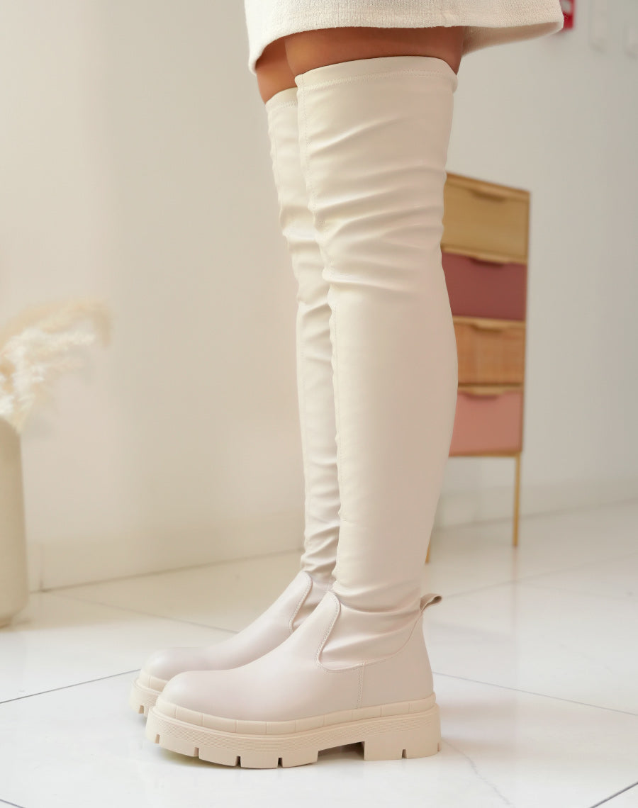 Cuissardes beiges inspiration chelsea à semelle plate et épaisse