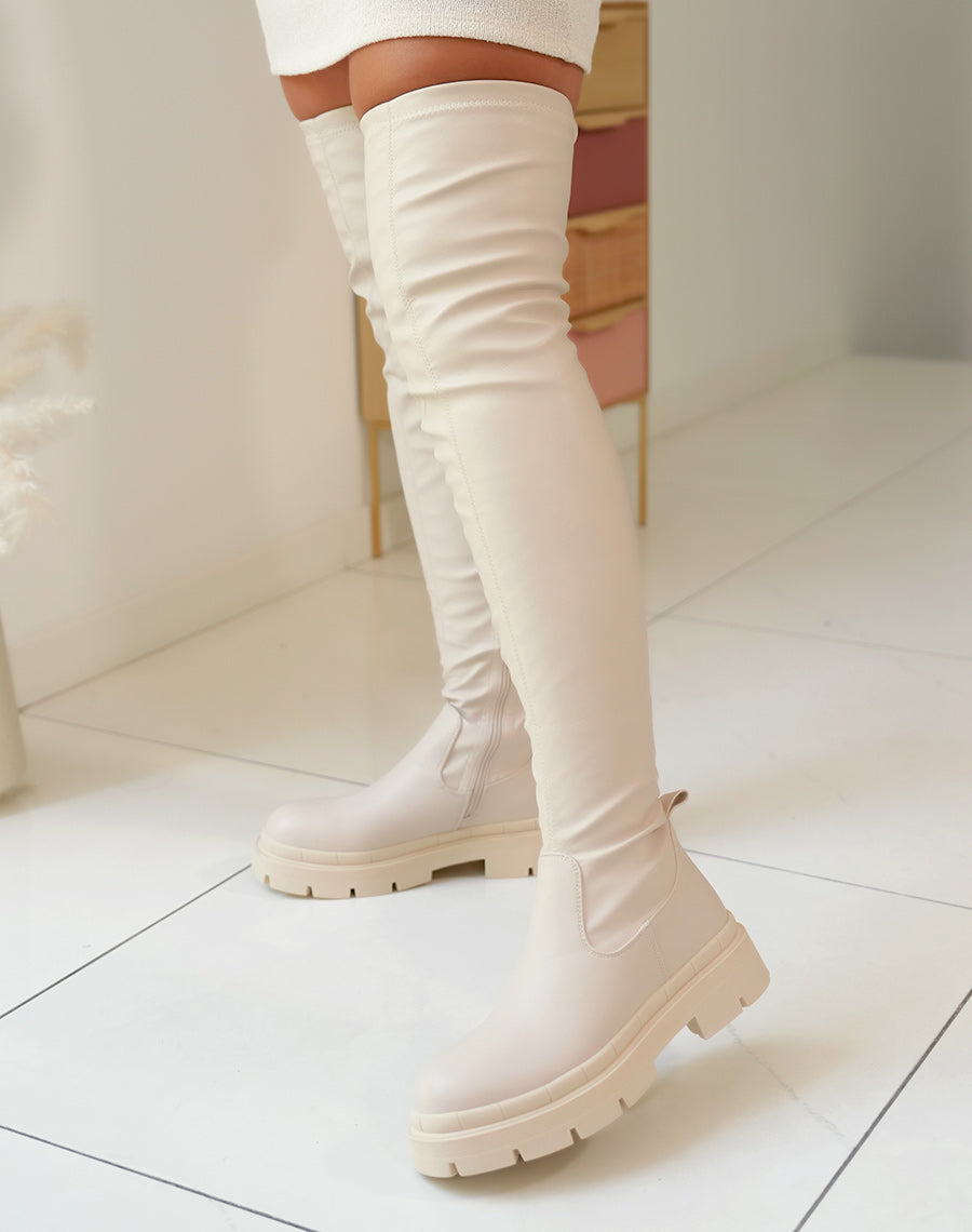 Cuissardes beiges inspiration chelsea à semelle plate et épaisse