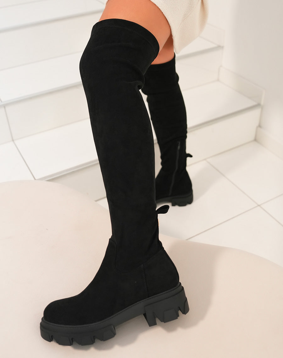 Cuissardes en suédine noire à semelle crantée