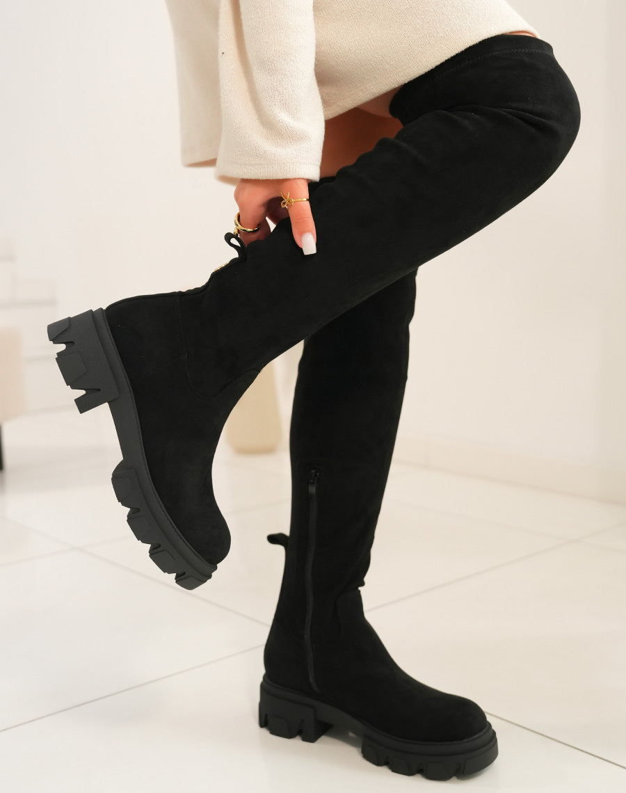 Cuissardes en suédine noire à semelle crantée