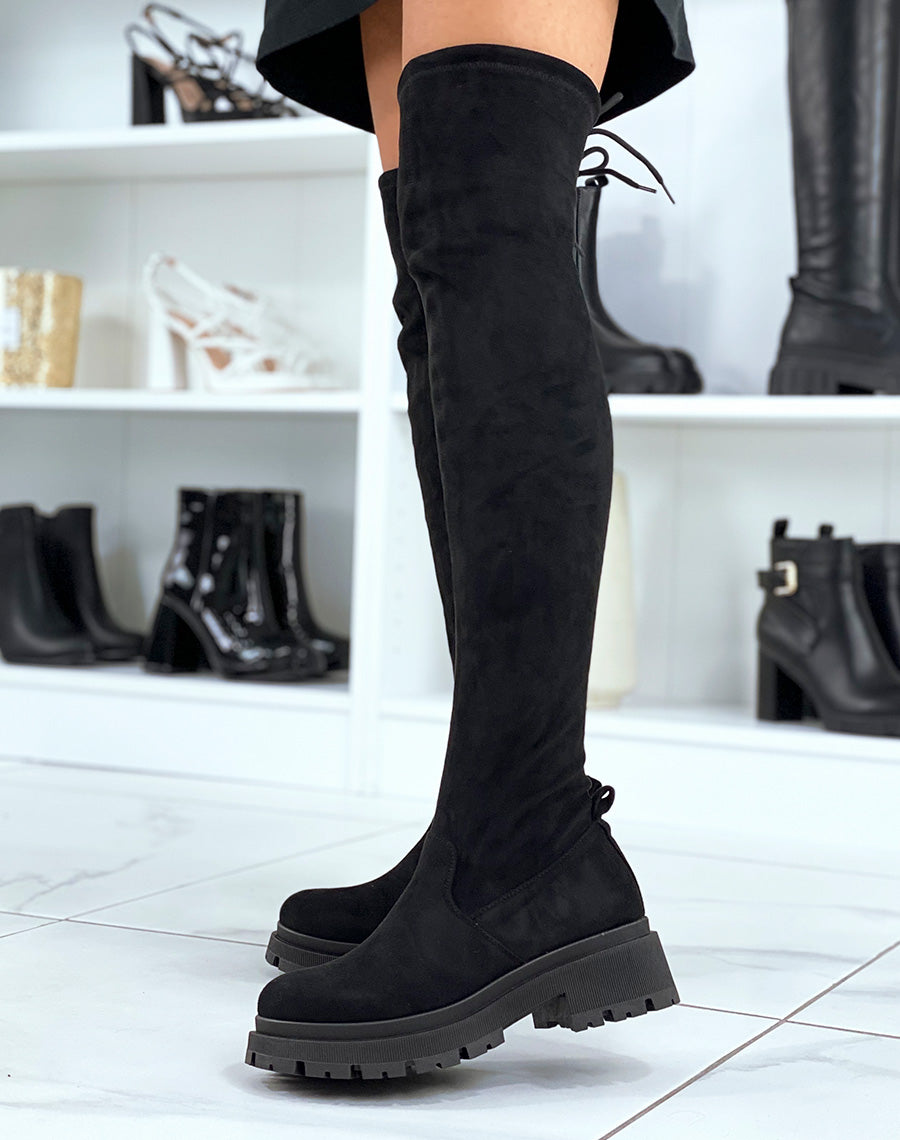 Cuissardes en suédine noire à semelle crantée et lacet arrière