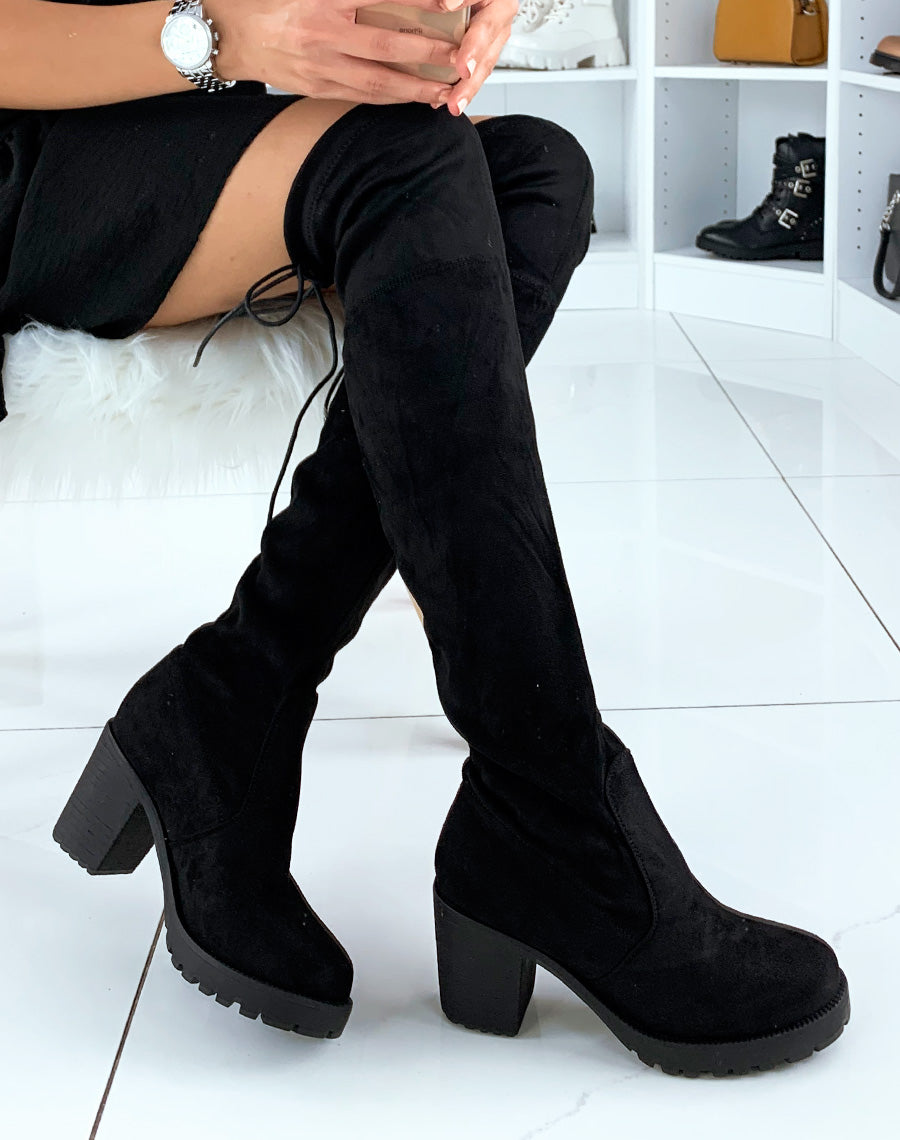 Cuissardes en suédine noire à talon