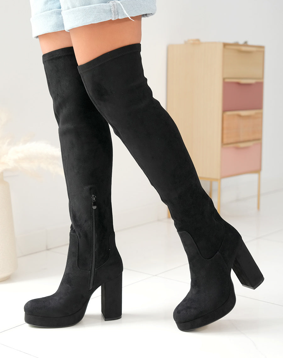 CUISSARDES EN SUÉDINE NOIRES À TALONS HAUTS POUR FEMME