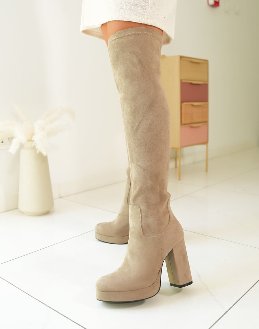 CUISSARDES EN SUÉDINE TAUPE À TALONS HAUTS POUR FEMME